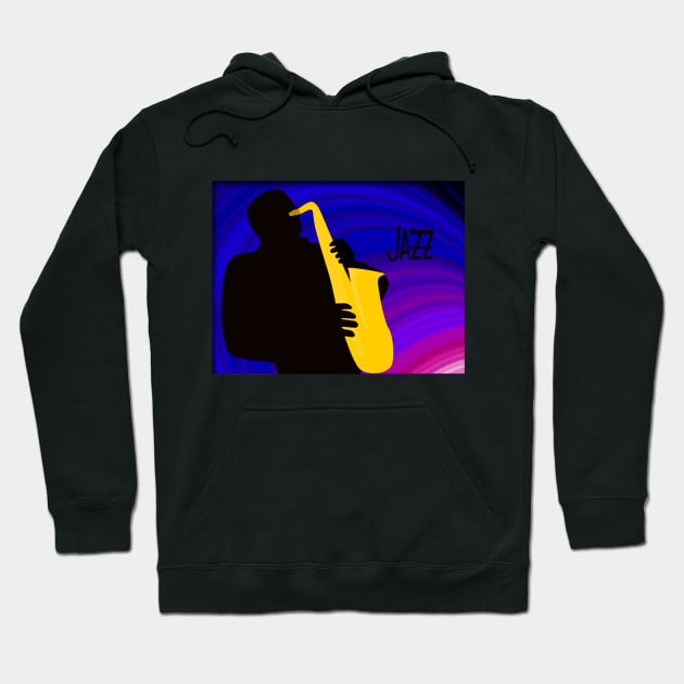 Silhouette of a Jazz Saxophone Player, Purple Blue Background Hoodie by ibadishi